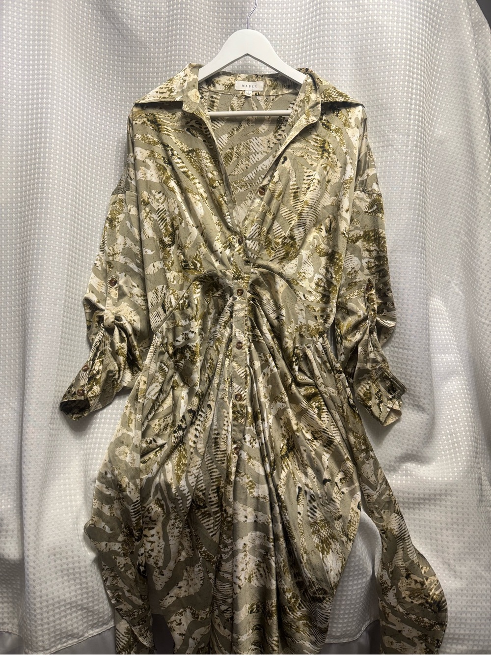 Mable Olive and Cream Long-Sleeve Printed Shirt Dress